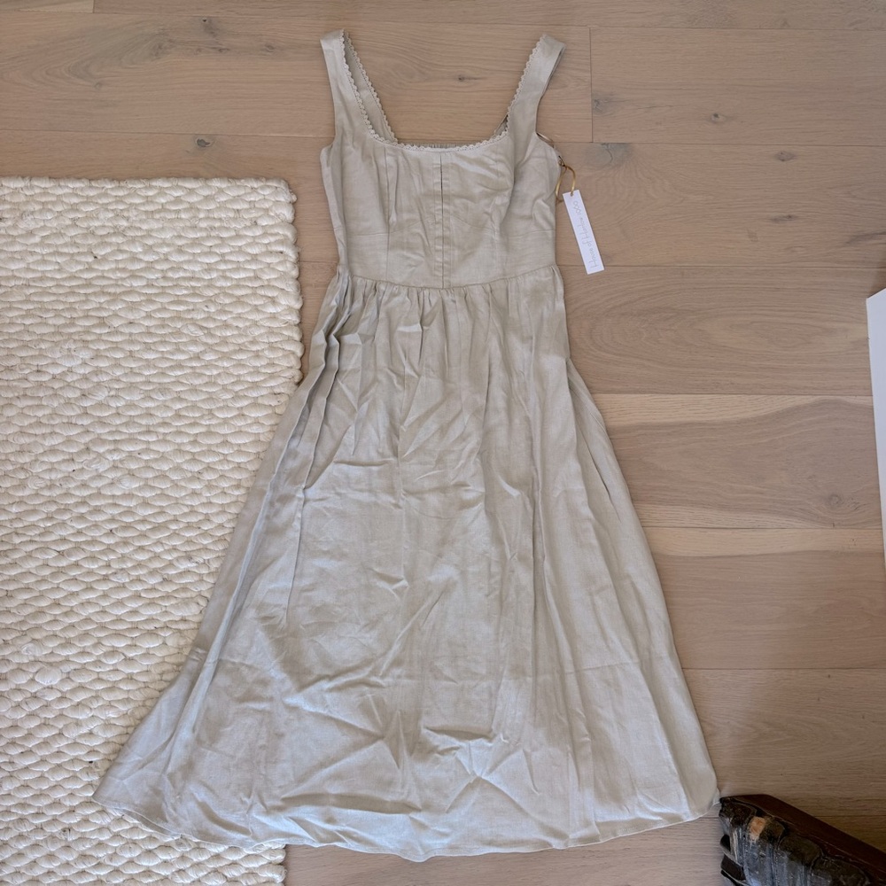 NWT House of Harlow square neck linen midi dress XS beige